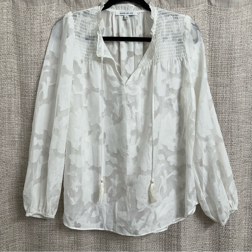 White Sheer Burnout Floral Peasant Blouse Boho Smocked Tassel Tie Top Sz Medium